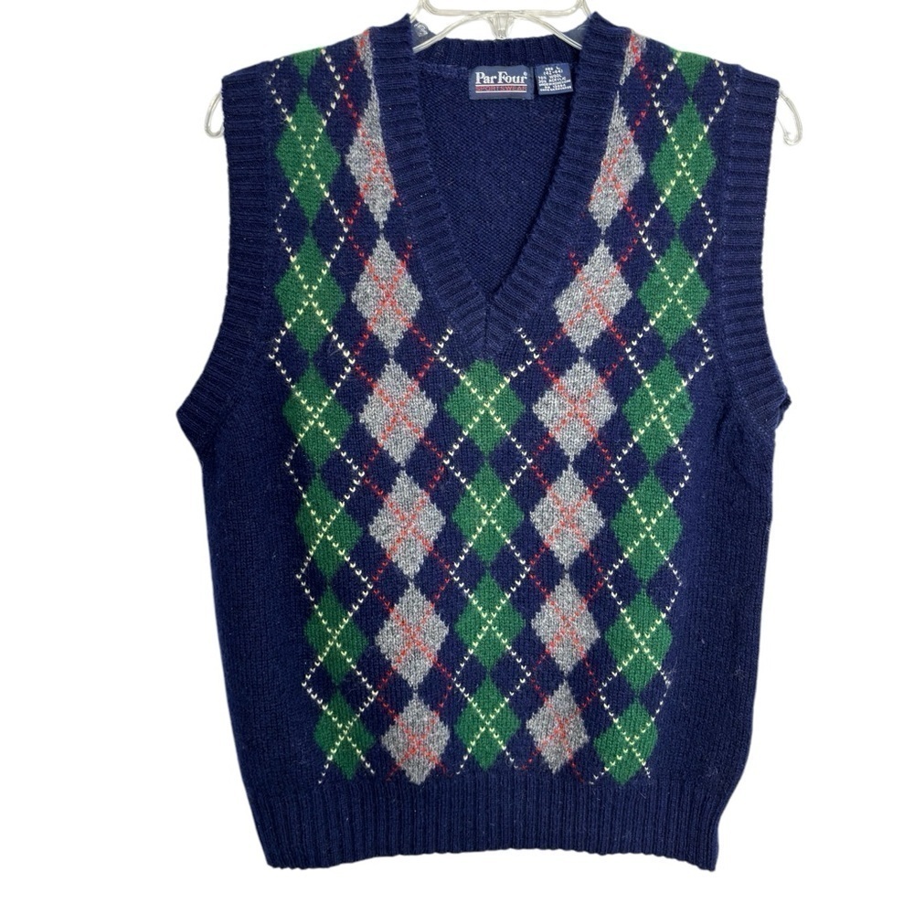 Vintage Par Four SportsWear Wool Sweater Vest V Neck Large Mens Argyle Grandpa